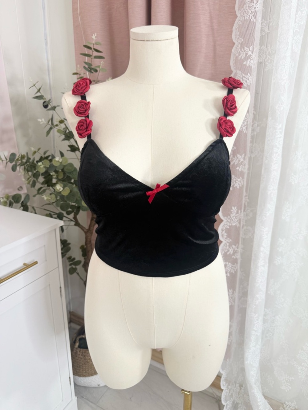 Sugar Thrillz Black Velvet Crop Top with Red Rose Straps